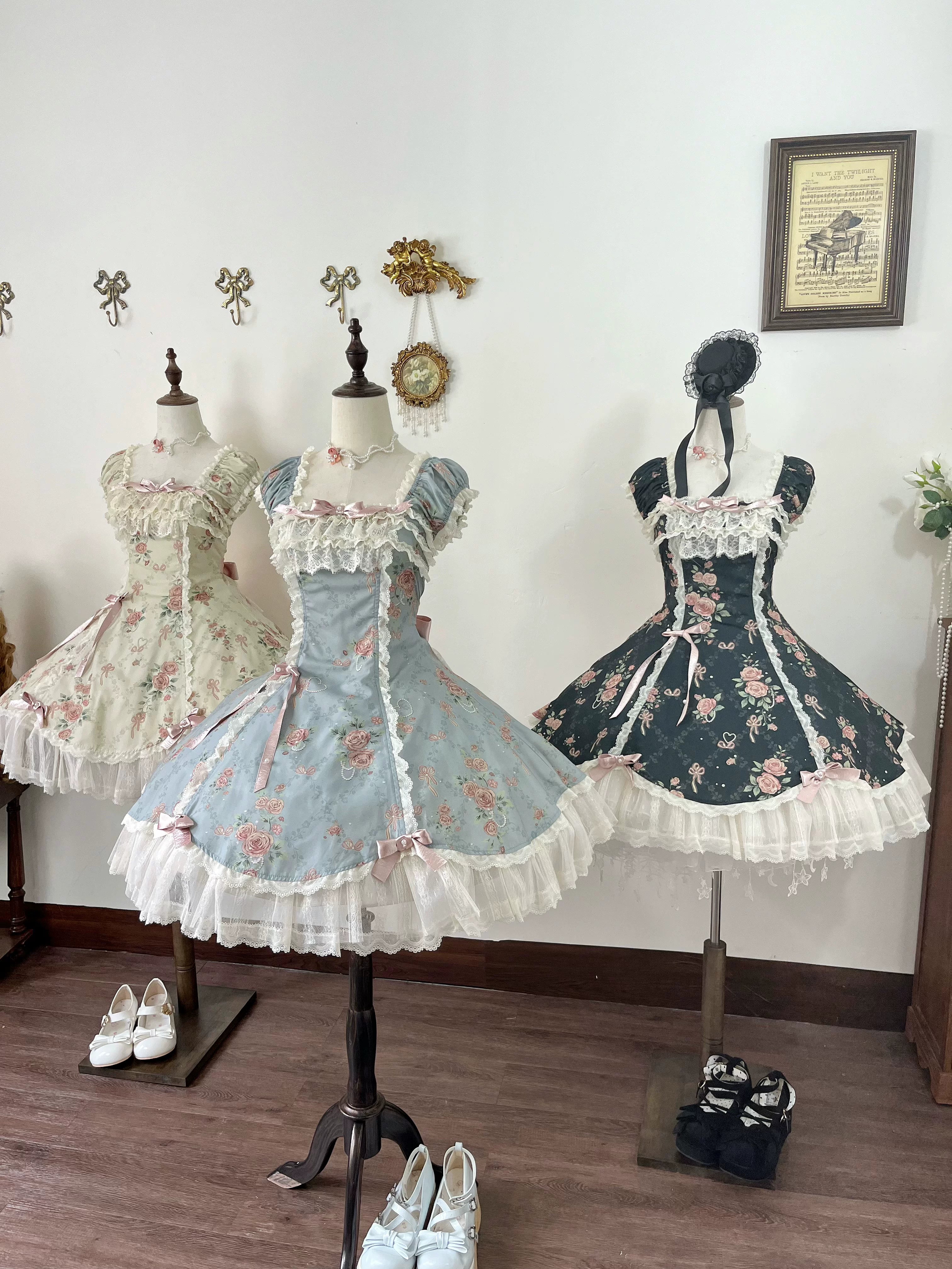 Pearl & Rose - Old School Lolita Floral Print Lolita OP Dress, Back Opening 45925:868401