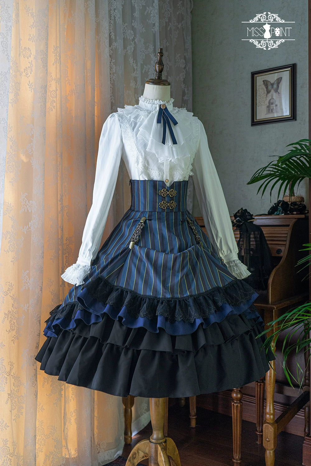 (Buyforme)Miss Point~Customized Lolita Elegant Striped High Waisted Fishbone SK 21544:312470