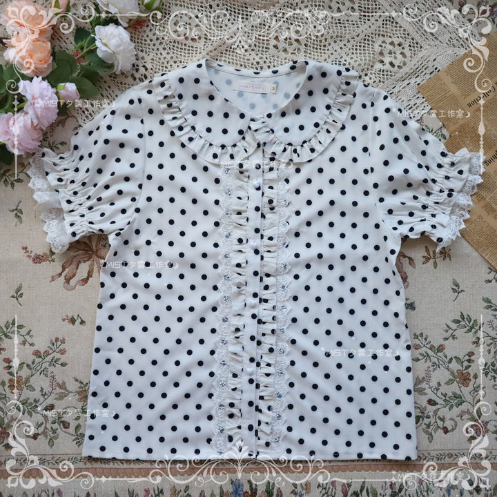 MIST~Heartbeat Program~Elegant Lolita Polka Dot Chiffon Lapel Shirt white S 