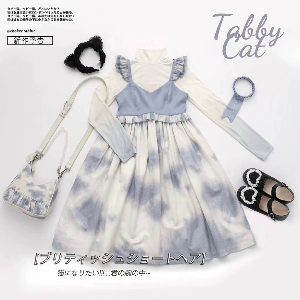 Choker Rabbit~Tabby Cat~Sweet Lolita Cat Pattern JSK Dress Multicolors blue (no logo) S 