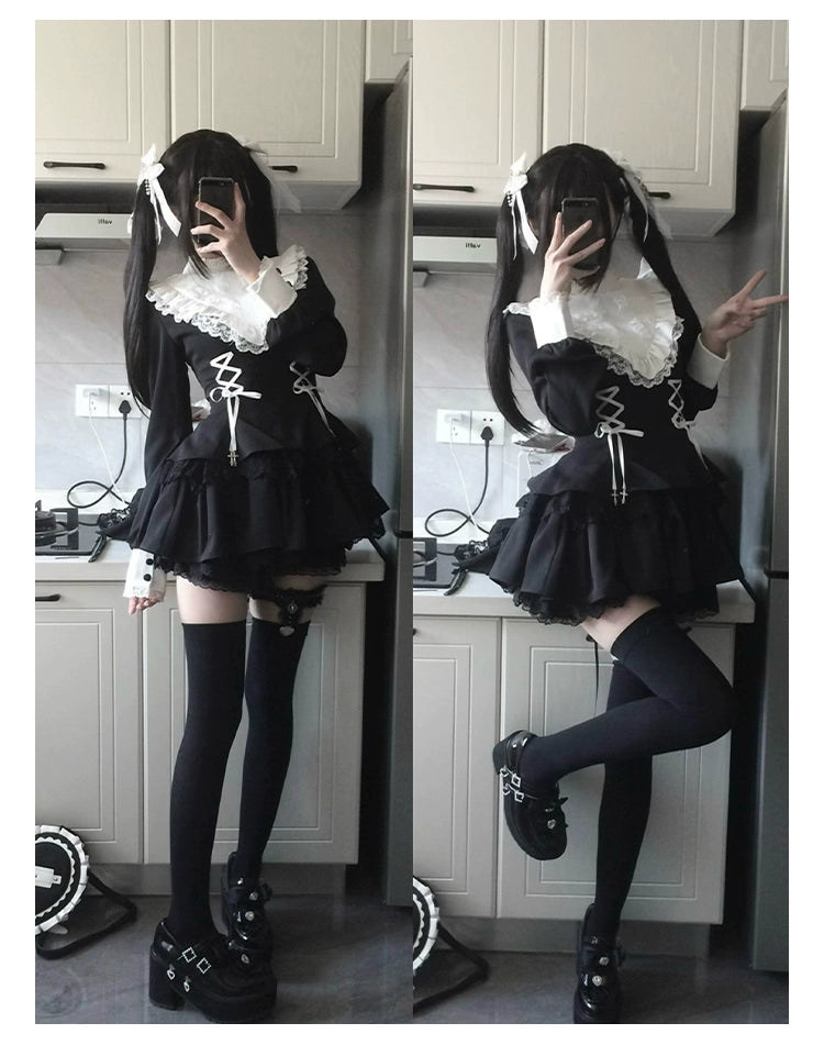 With Puji - Doki - Twin Lolita OP Black/White Goth Dress with Pocketed Shorts