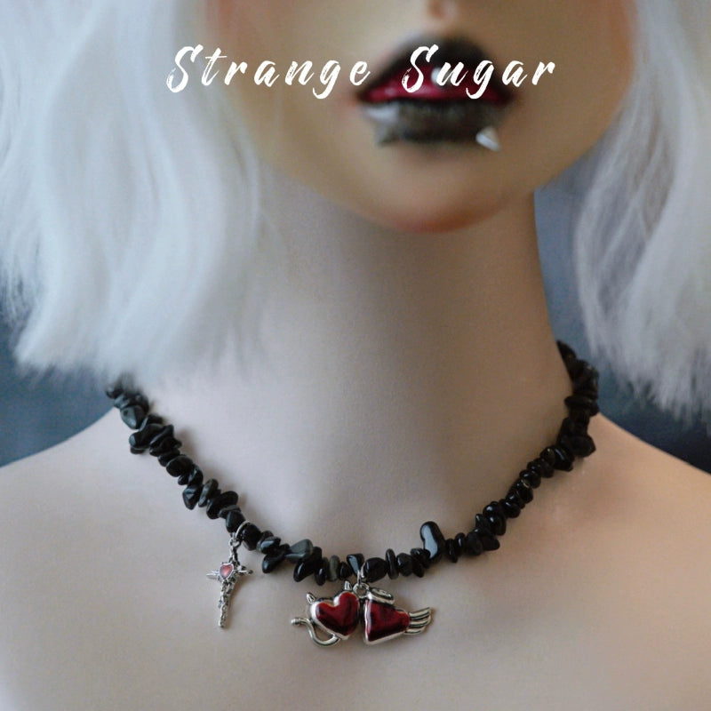 Strange Sugar - Handmade Gothic Lolita Choker, Multiple Pendant Demon Twin Heart