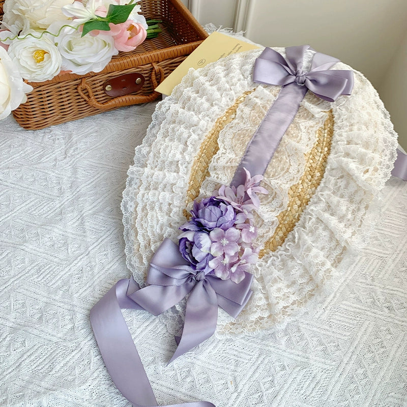 With PUJI~Floral Language~Country Lolita Lace Bow Flat Cap Straw Hat free size purple 