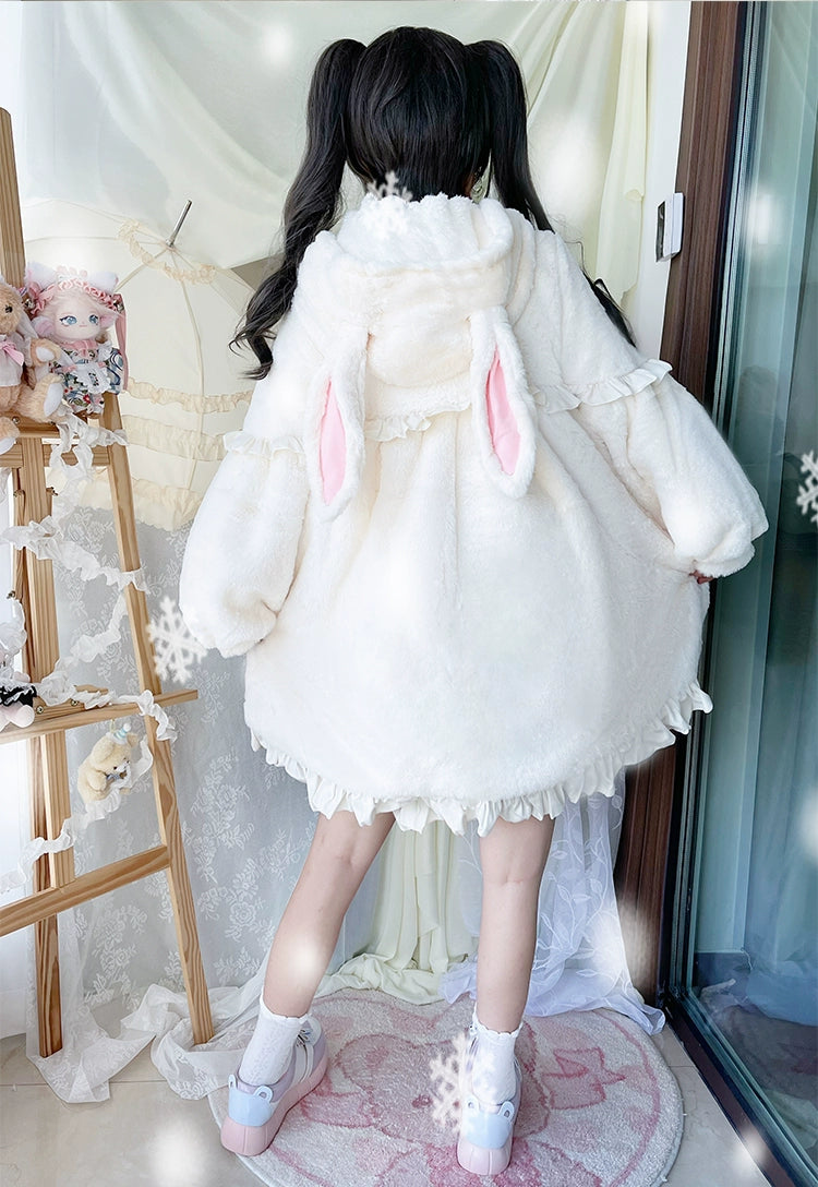 ZhiJinYuan~Sweet Lolita Coat Thickened Fluffy Bunny Ears Long Overcoat   