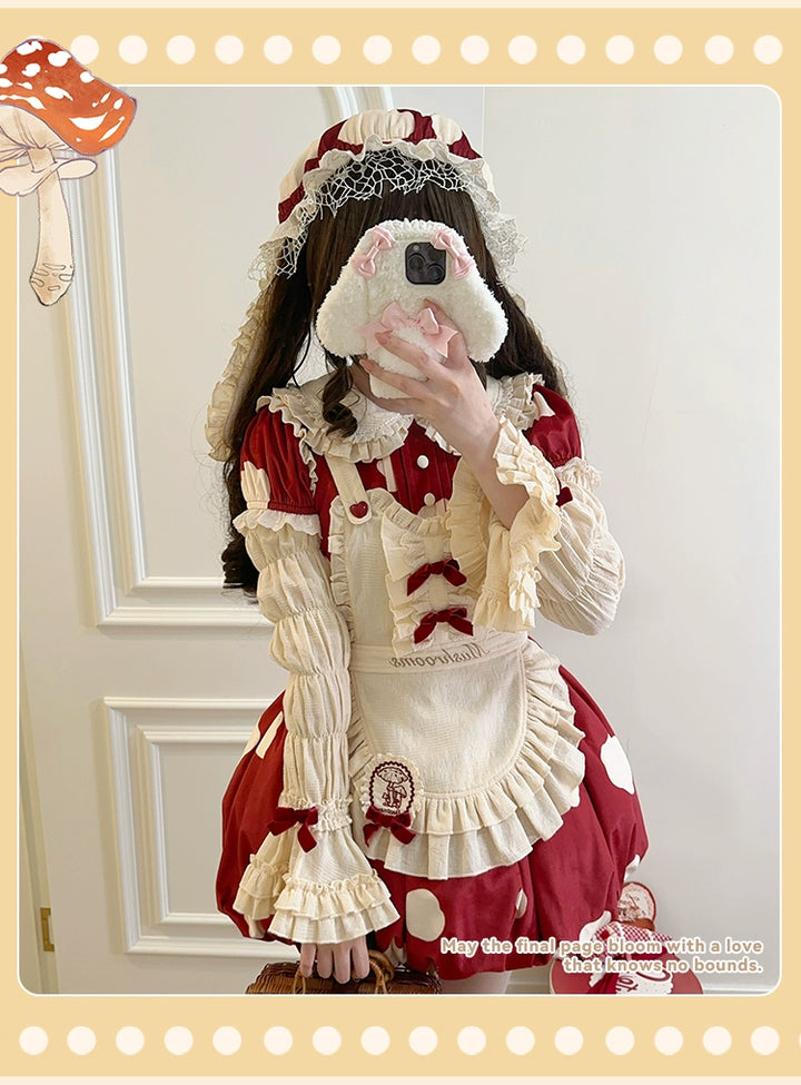 Sakurahime~Mushroom~Kawaii Lolita OP Dress with Apron and Detachable Sleeves