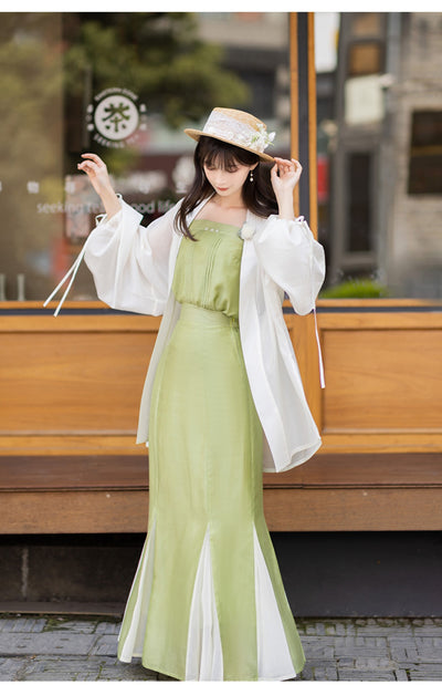 Chixia~Green Plum~Han Lolita Green-White Side Split Skirt Set suspenders S 