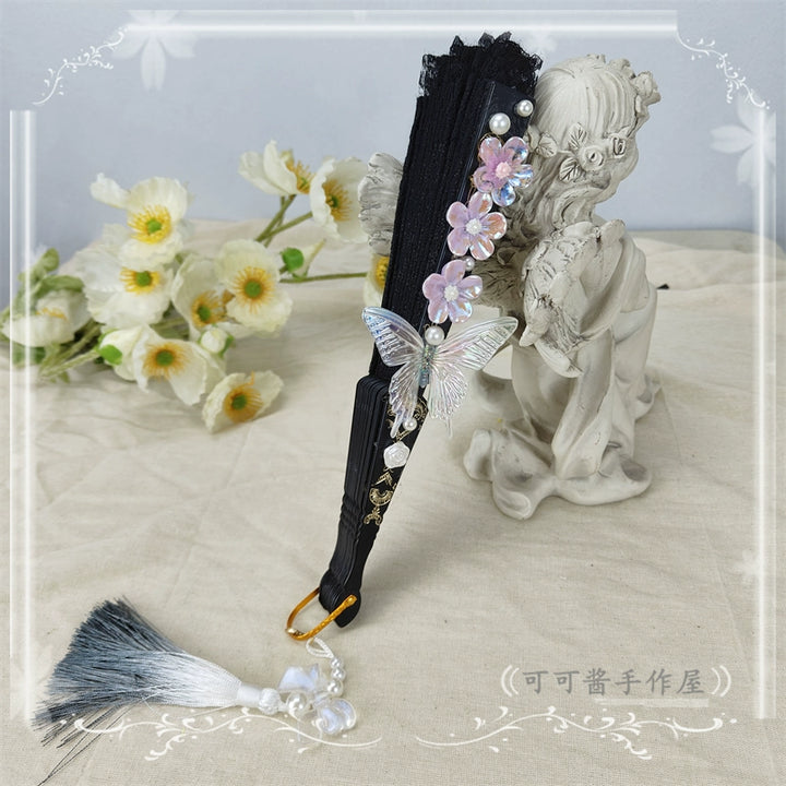 Cocoa Jam~Han Lolita Fan Decorative Folding Fan with Butterfly and Flowers Tassel black pink  