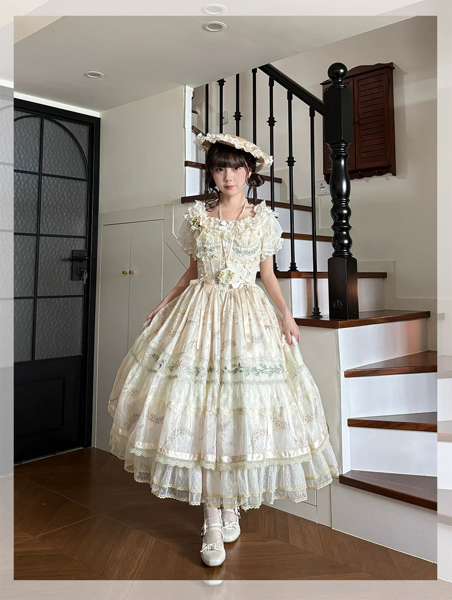 Daisy Poetry - Classic Lolita Lace JSK & OP Dress, Daisy Print and Embroidery 45825:864043