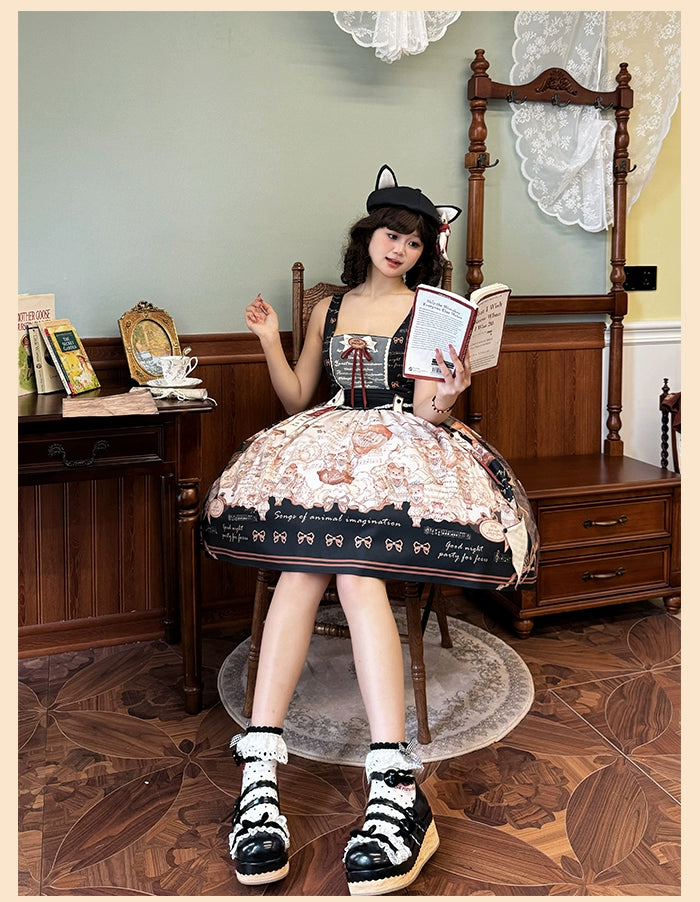 Alice Girl~Fox Band~Printed Sweet Lolita JSK Dress Square Neckline Daily Dress