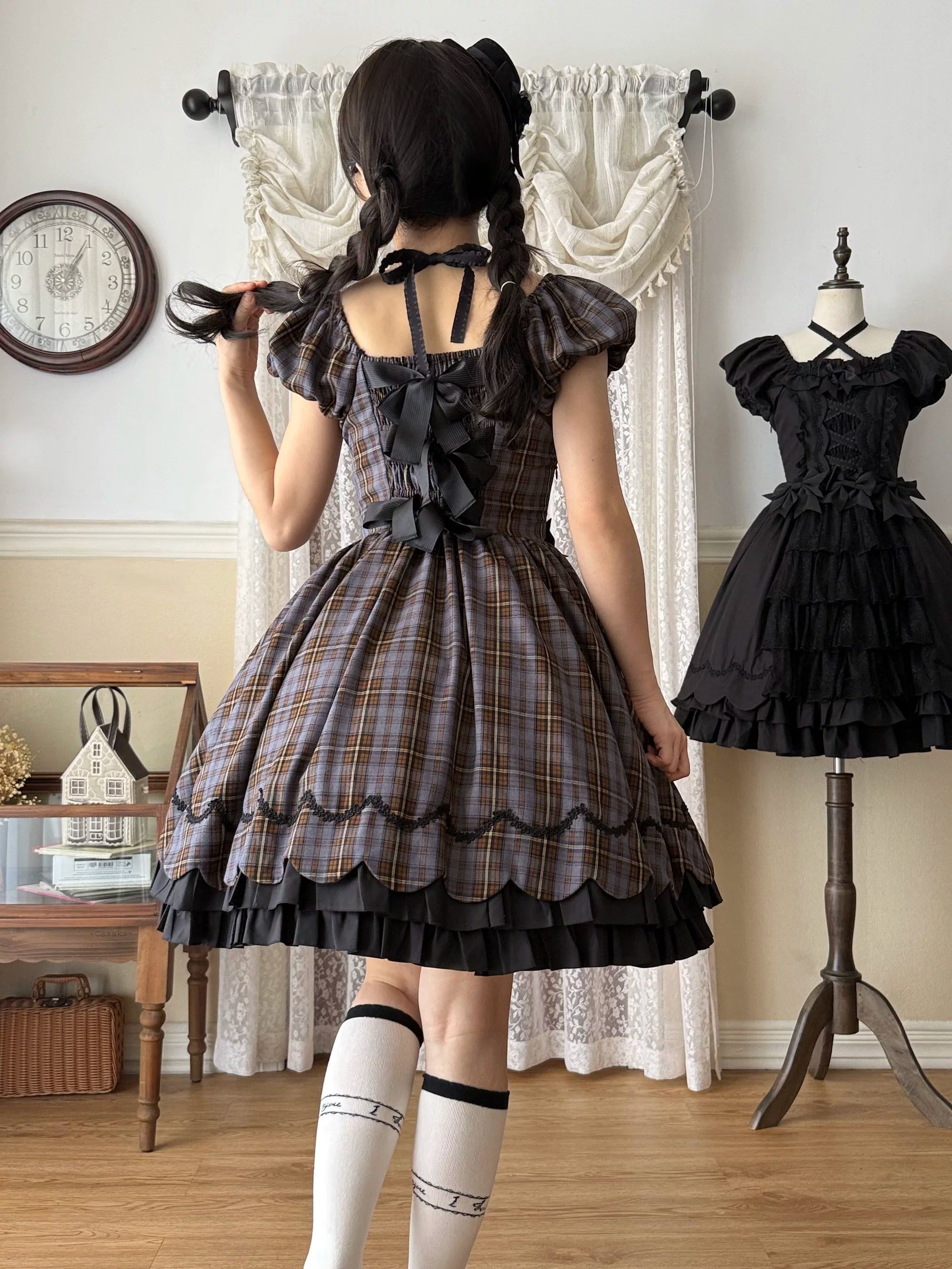 Plaid Petals - Old School Lolita OP Dress, Scalloped Hem