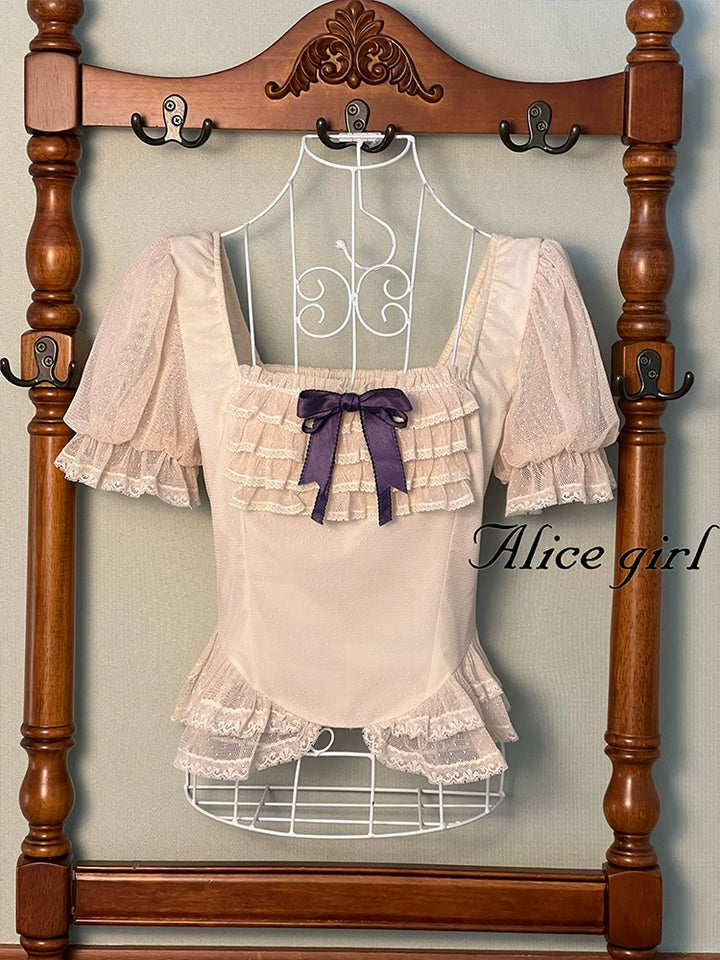 Alice girl~Yesterday Morning Mist~Classic Lolita Shirt Polka Dots Tulle Short Sleeve Blouse Ivory shirt only (purple bow) XS