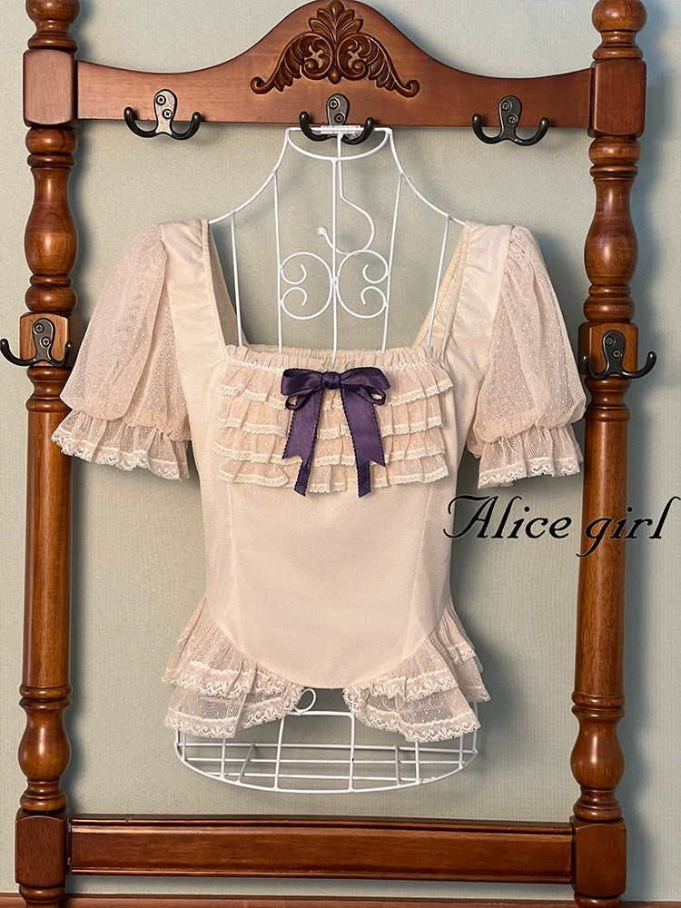 Alice Girl - Yesterday Morning Mist - Classic Lolita Shirt Polka Dots Tulle Short Sleeve Blouse Ivory shirt only (purple bow) XS