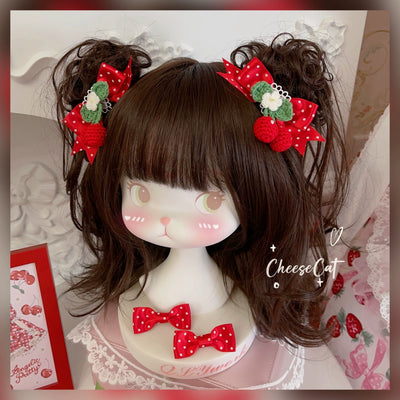 Cheese Cat~Sweet Lolita Headdress Ribbon Strawberry Hair Clip Cherry Clips   