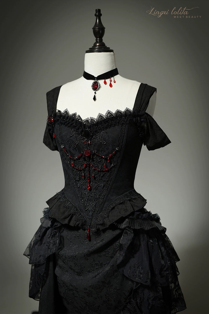 Lingxi Lolita~Lord of the Night~Gothic Lolita Skirt Suit Mermaid Skirt and Fishbone Bodice 42159:730298