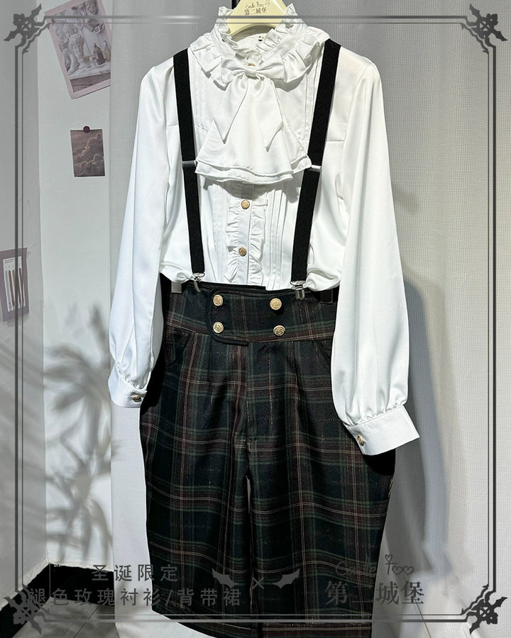 CastleToo~Christmas Limited~Ouji Lolita Suit Salopette Cape Mid-length Pants Plaid Mid-length Pants + Detachable Suspenders S 