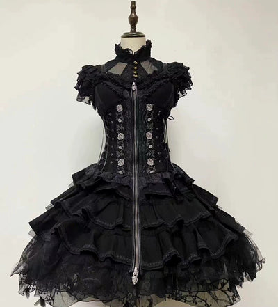 The Cute Girl~Goth Lolita JSK Dress Summer Embroideries Dress S Black JSK + white innewear 