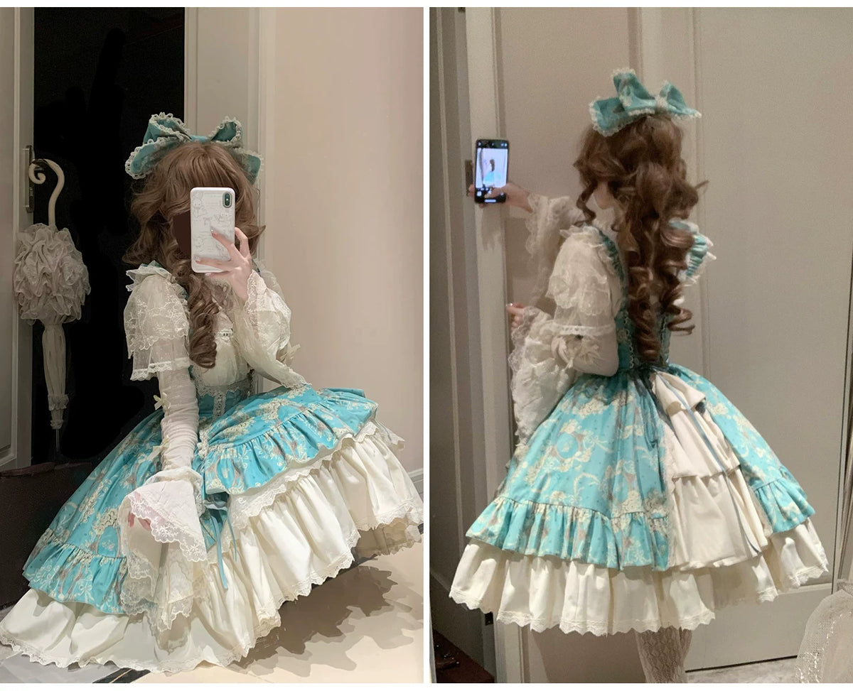Old Courtyard Floral Letter - Classic Lolita Printed JSK Dress Set, Drawstring Lift-up Hem 46102:875298