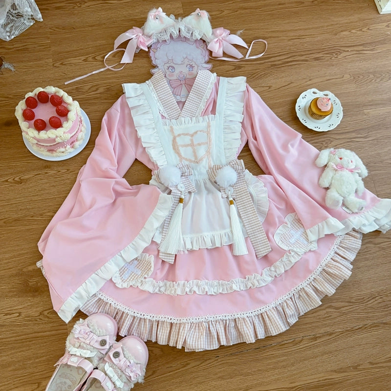 Hanguliang~Sweet Meow Nurse~Maid Lolita Skirt Set Kawaii Lolita Dress S Pink (top + skirt + apron + back bow) 