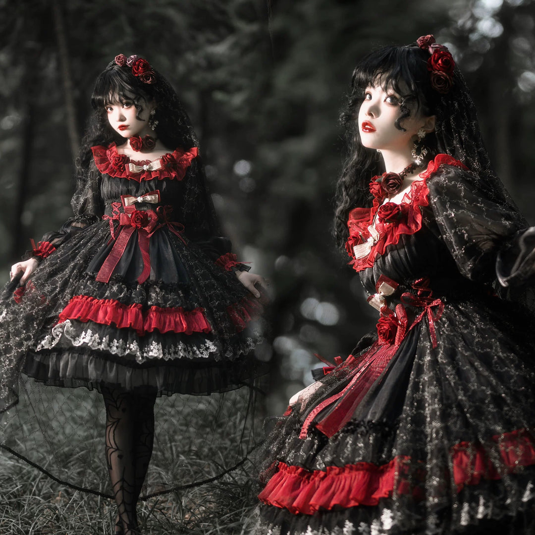 Uncle Wall Original~Night of Berea~Gothic Lolita OP Black and Red Lolita Dress