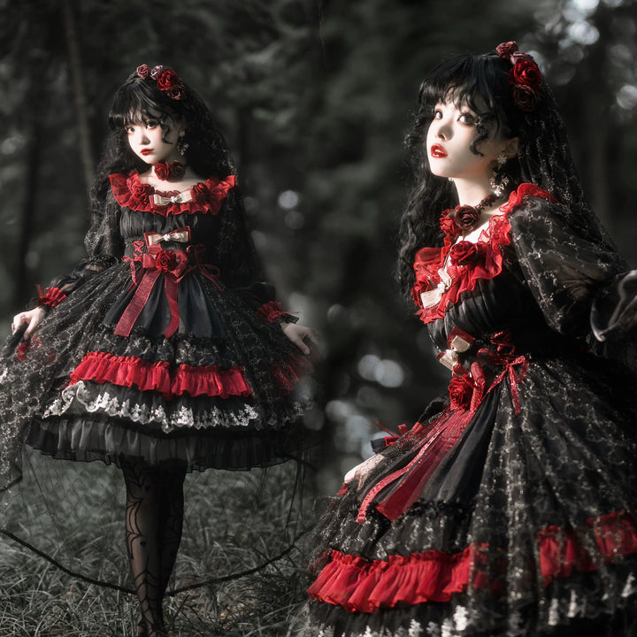 Uncle Wall Original~Night of Berea~Gothic Lolita OP Black and Red Lolita Dress