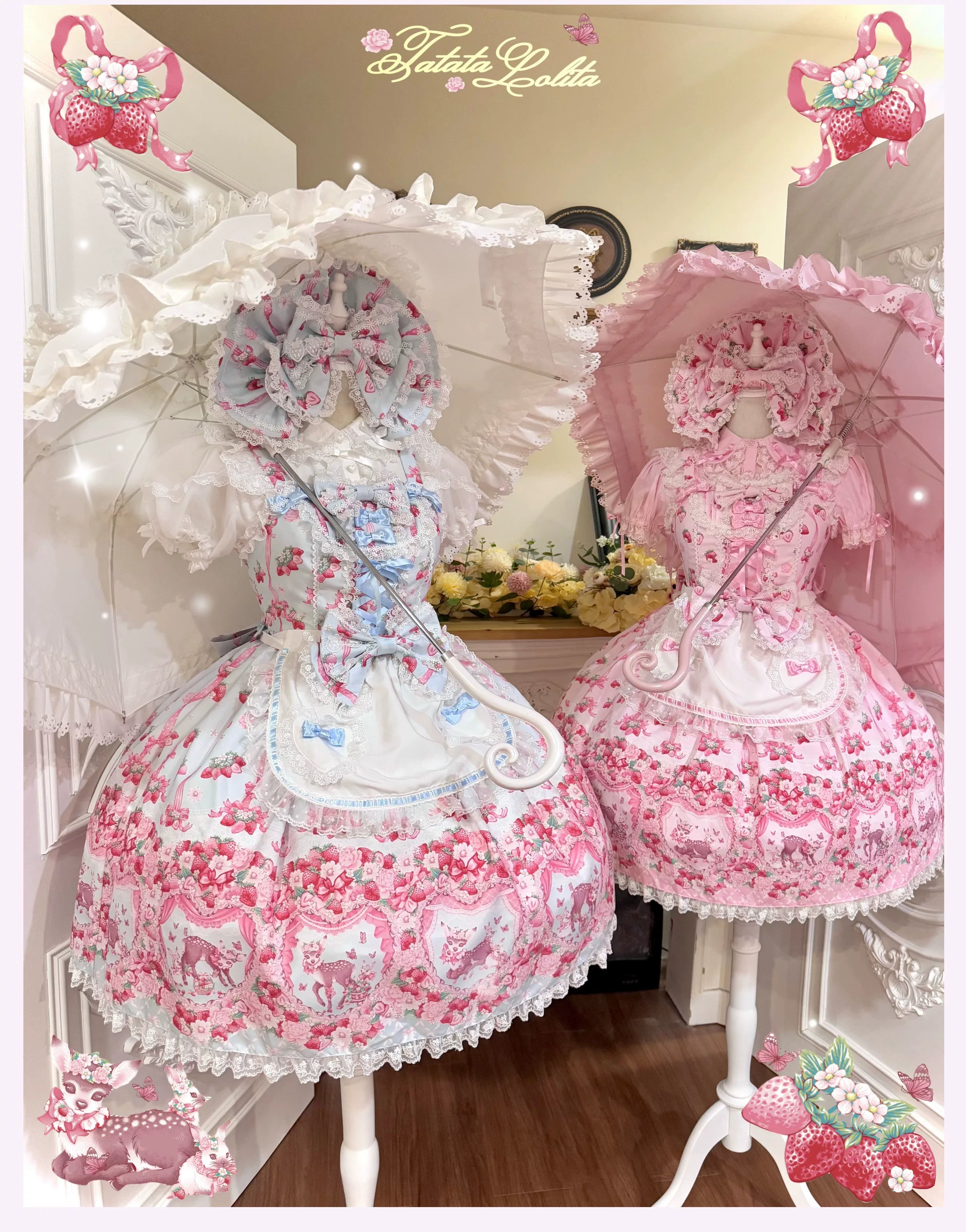 Deer Strawberry Garden - Old School Lolita Deer & Strawberry Printed JSK Dress 45681:860532