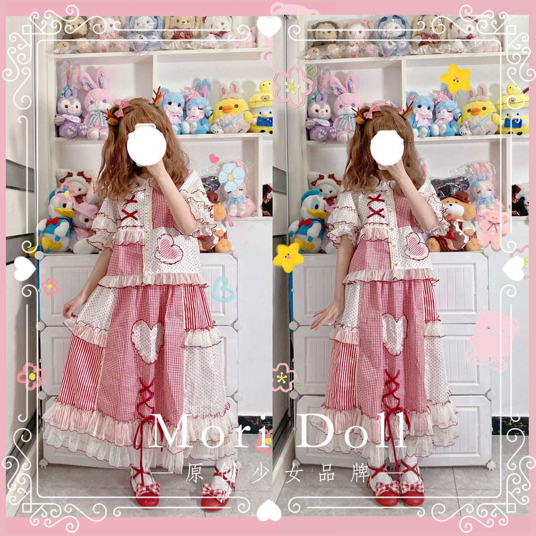 Mori Doll~Peach Tea~Sweet Lolita Dot and Stripe Print Short Sleeve Blouse