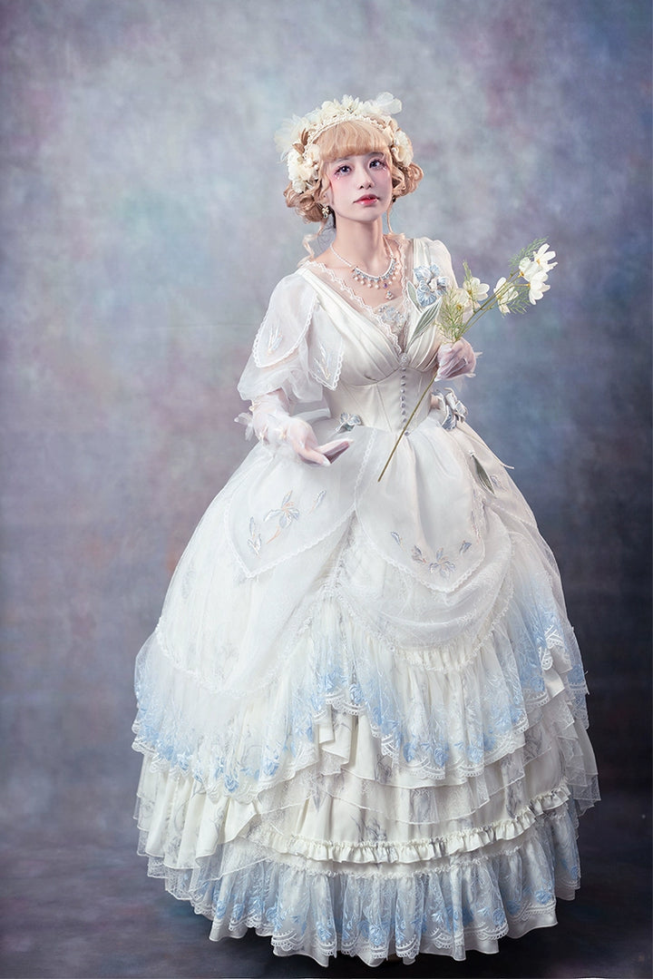 Fantastic Wind~Iris Rendezvous~Wedding Lolita Dress Embroidery Bridal OP Dress S White (without flowers) 