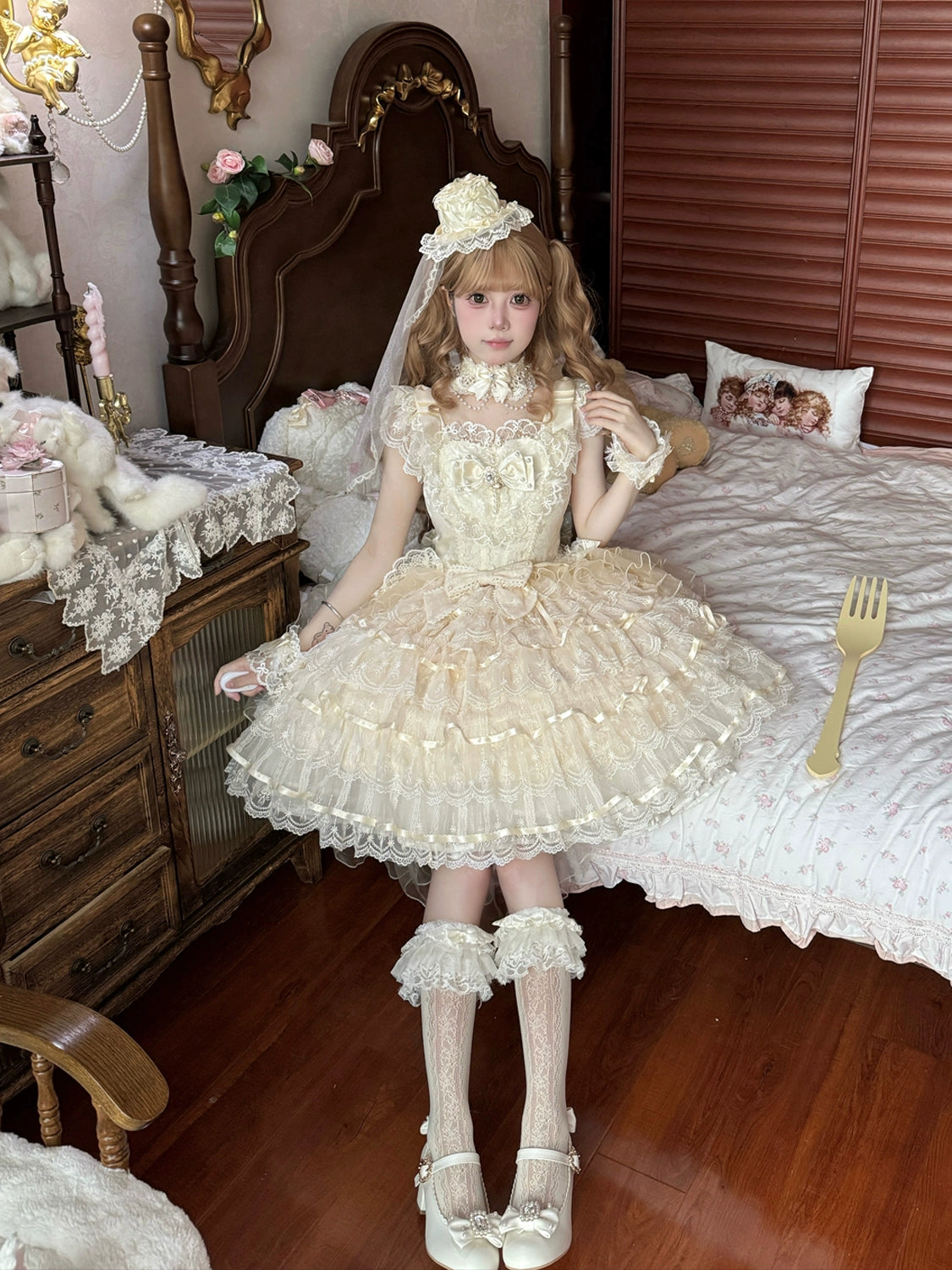 Hanguliang - Feather's Ballad - Wedding Lolita JSK Dress, Tiered Ruffles 43707:784275