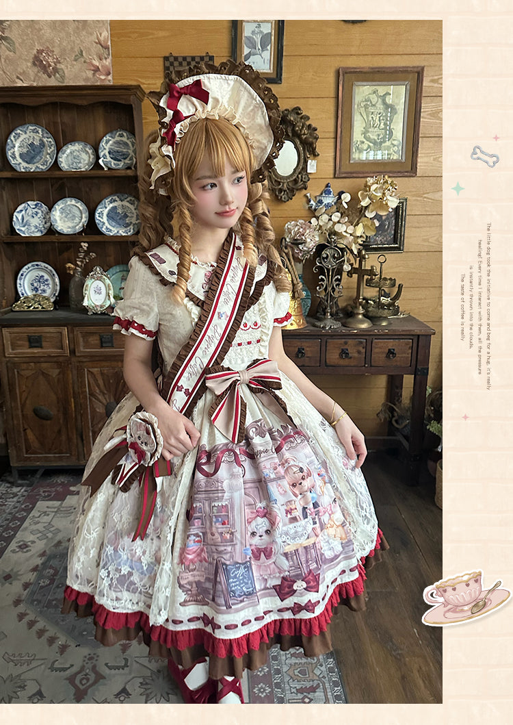 Spireme Cat~Puppy Cafe~Sweet Lolita OP Dress with Lace Skirt Overlay and Accessory 42408:739258