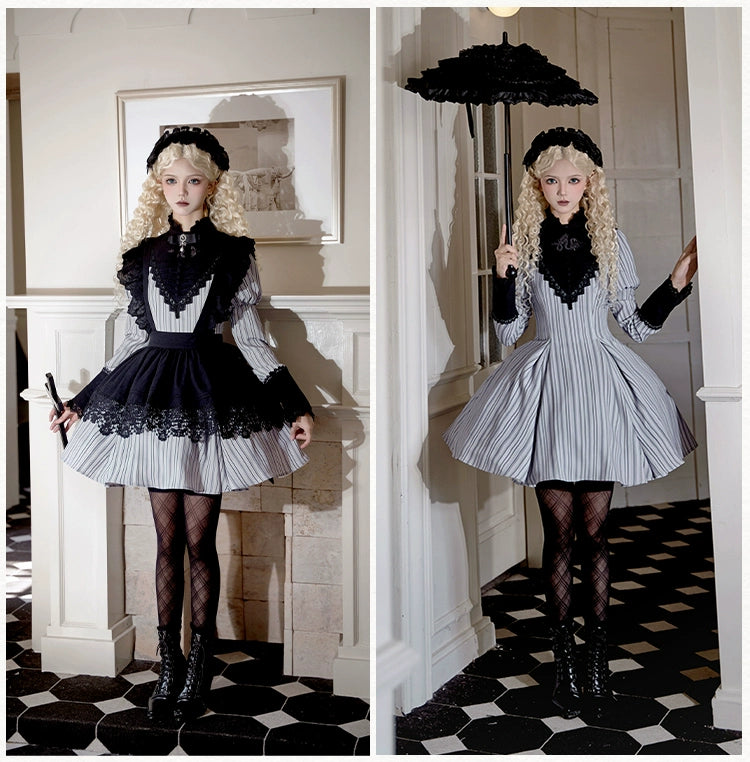 With PUJI~Nocturne SP~Striped Gothic Lolita OP Twin Lolita Dress with Apron