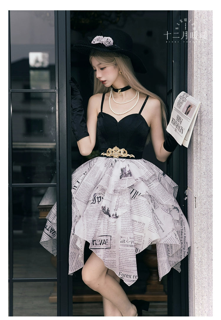 Nikki Tomorrow~Modern News~Retro Lolita JSK Irregular Print Dress with Pearl Choker