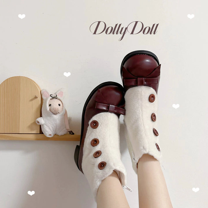 Dolly Doll~Winter Lolita Boots Fur Mary Jane Lolita Low Heel Shoes   