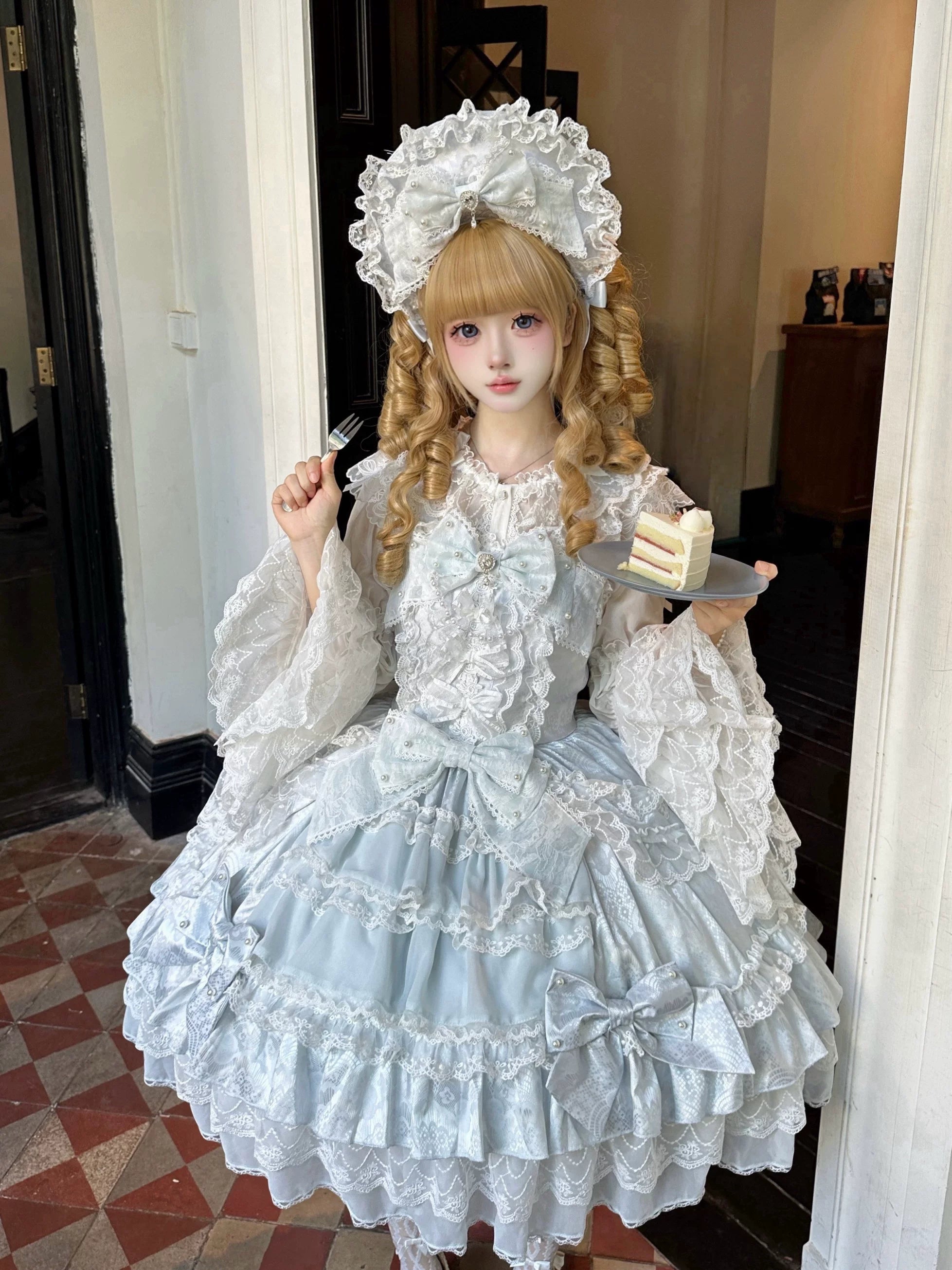 Slumbering Pearl Curtain - Sweet Lolita JSK Dress, Pearl Bows and Layered Lace 45780:862473