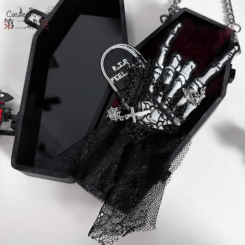 CastleToo~Halloween Gothic Lolita Cross Shaped Brooch Headdress hand skeleton lace trailing  