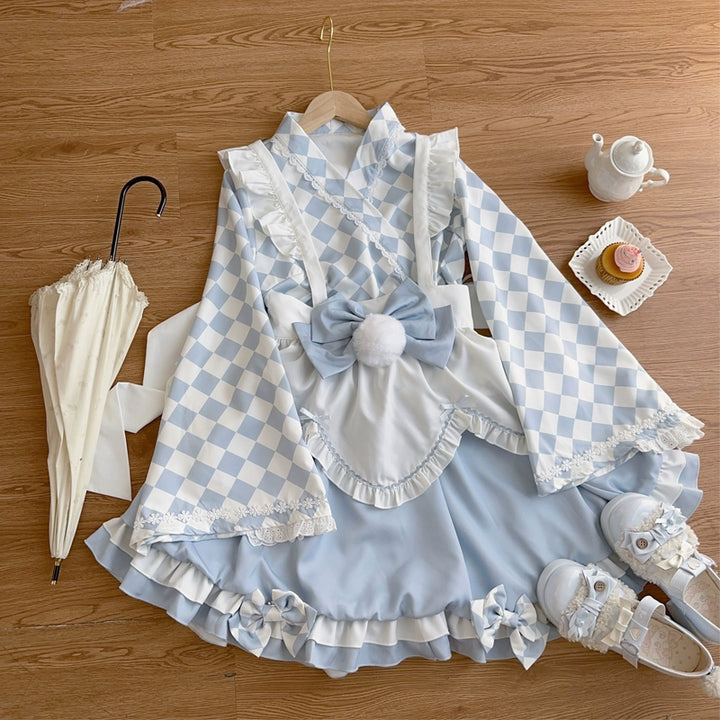 Hanguliang~Kawaii Lolita OP Dress Maid Lolita Summer Dress Blue (skirt + top + apron + waist bow) S 