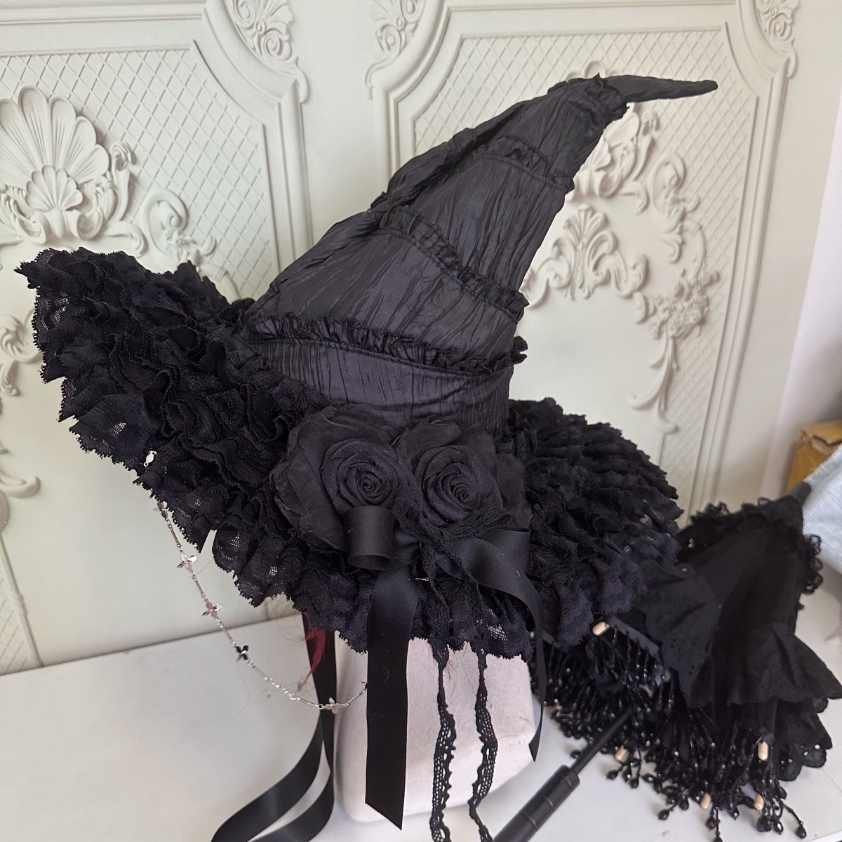 Gothic Lolita Witch Hat with Rose Bow Witch Hat + Large Black Rose