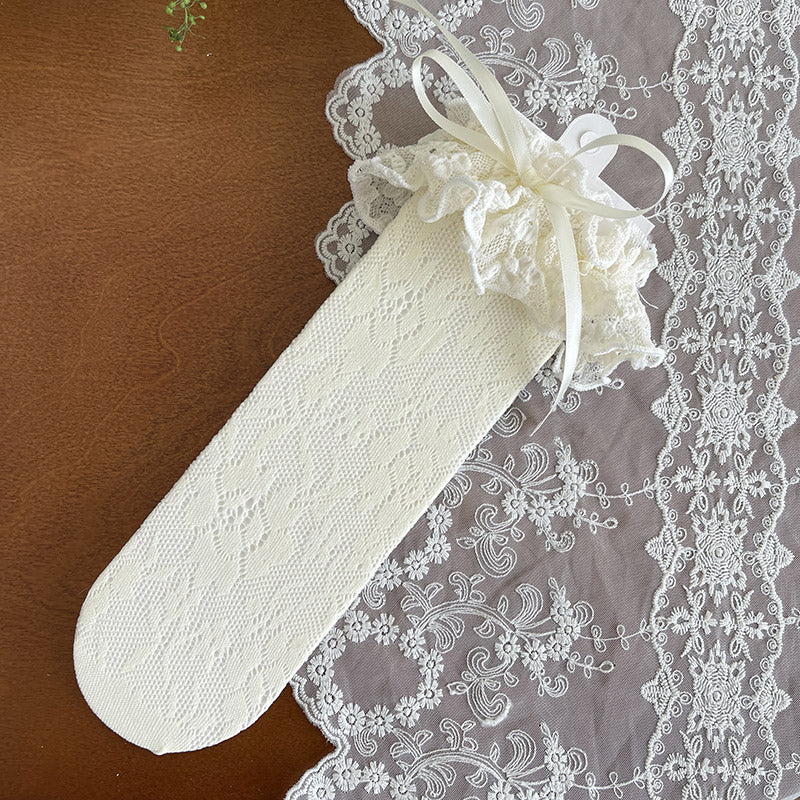 WAGUIR - French Style Lolita Socks Mid-calf Lace Socks Apricot F