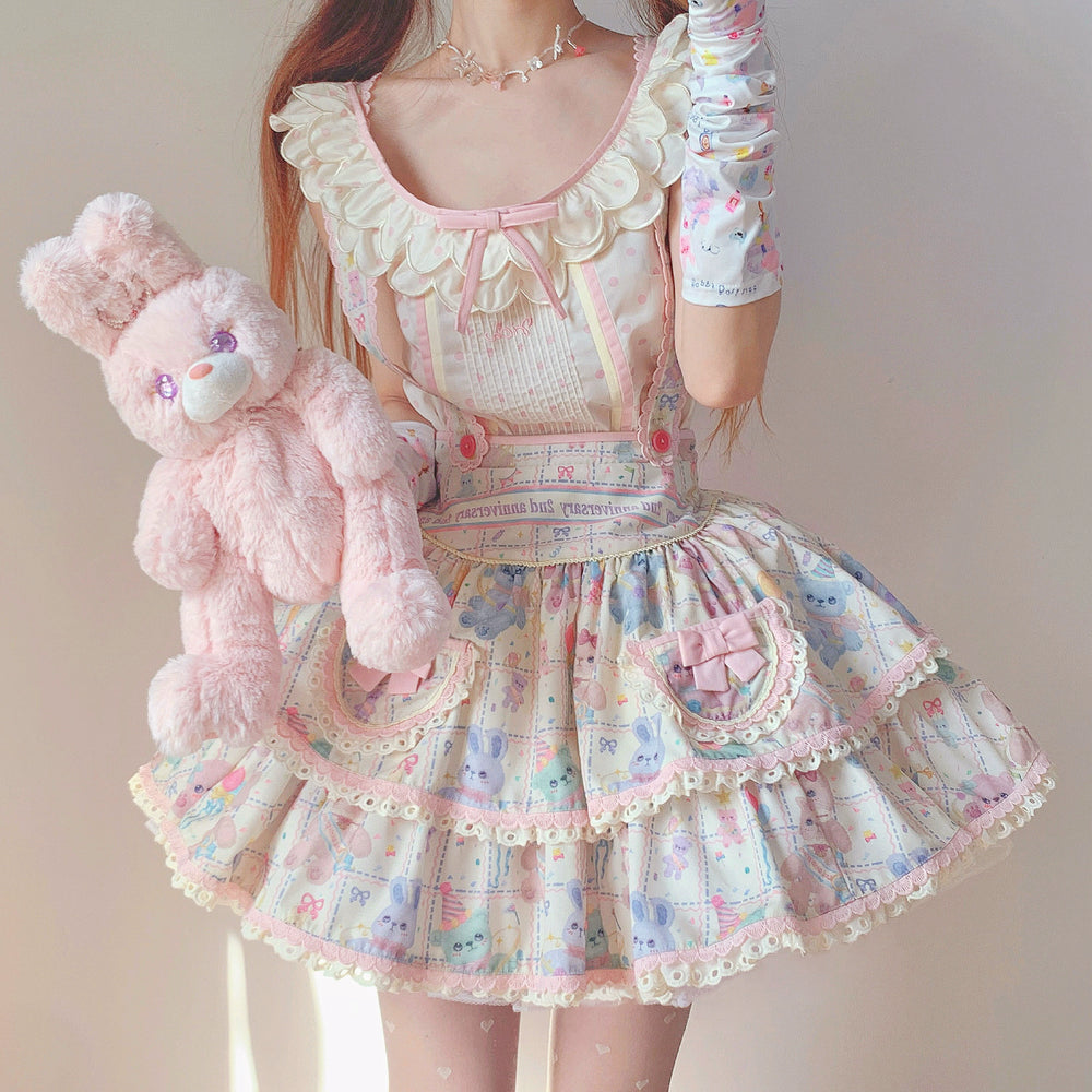 RichLolita~Starry Pudding Bear~Sweet Lolita Jumper Dress Printed OP Dress XS SK - suspenders skirt 