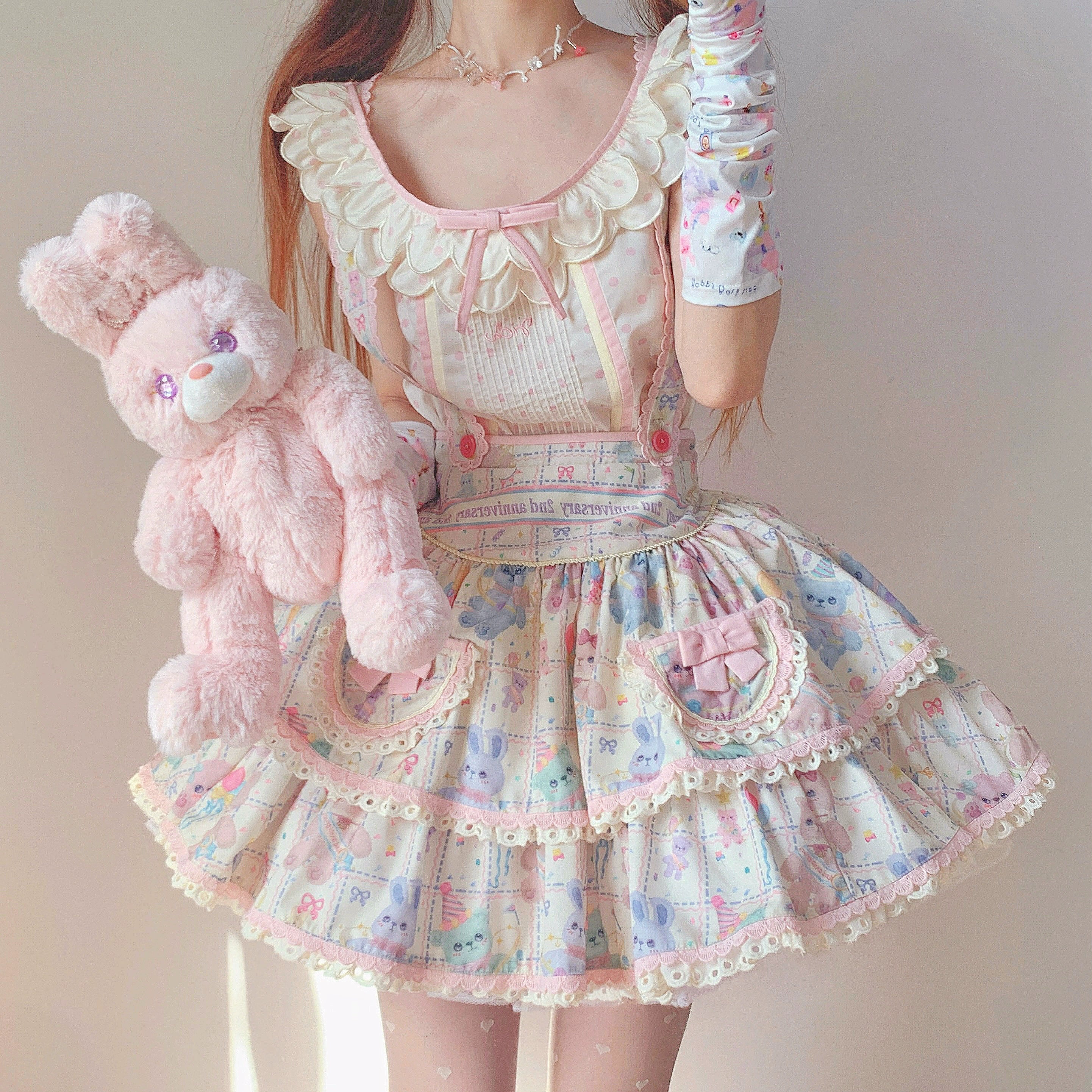 RichLolita - Starry Pudding Bear - Sweet Lolita Jumper Dress Printed OP Dress XS SK - suspenders skirt