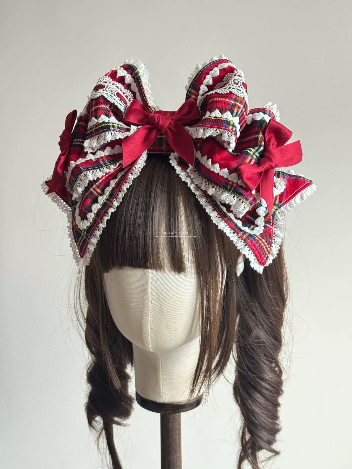 Red Plaid Lolita Headdress, Wire-edged Bunny Ear BNT