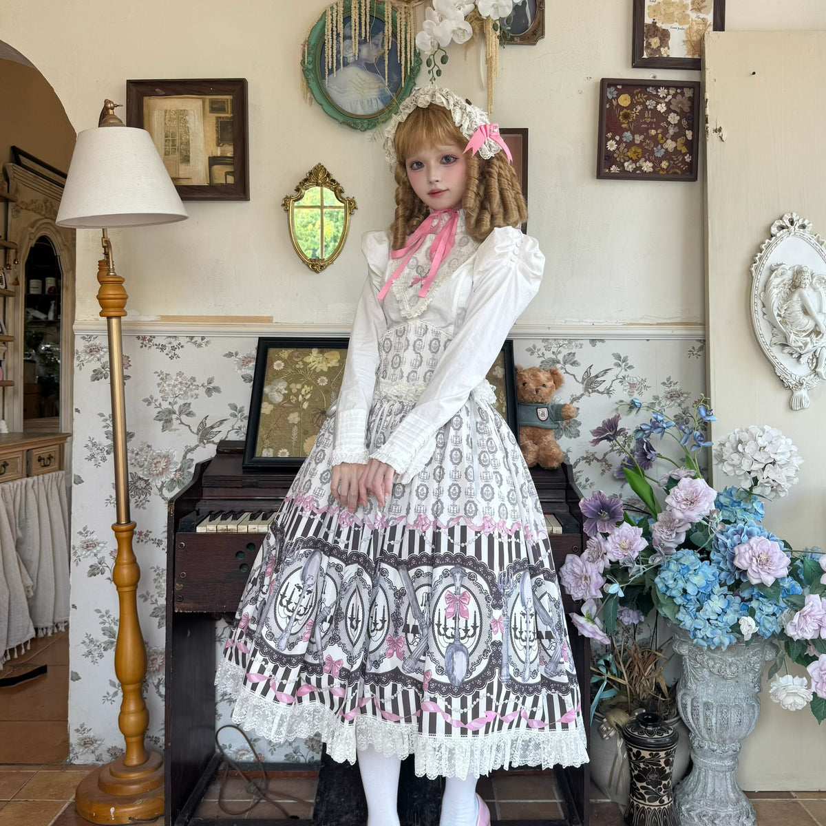 Clara Table - Dark Sweet Lolita SK & JSK Dress Set, Candelabra Tableware Print 45979:870376