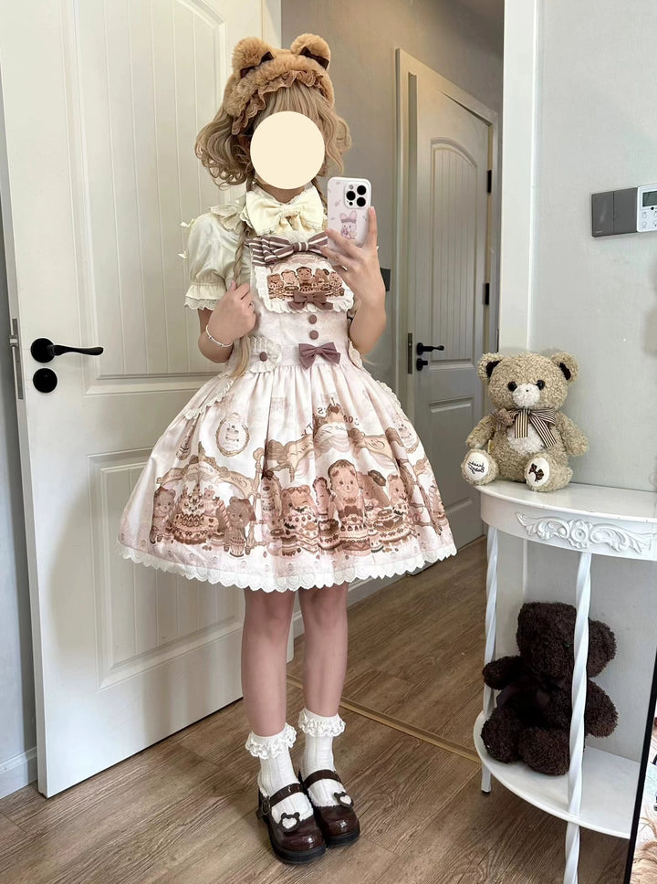 Akiyama Future Studio~Cute Lolita Salopette Dress Bear Print   