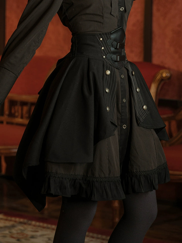 (BFM)Mr. Yi's Steam Continent~Gothic Lolita Skirt Black High-Waisted Leather Waistband Skirt