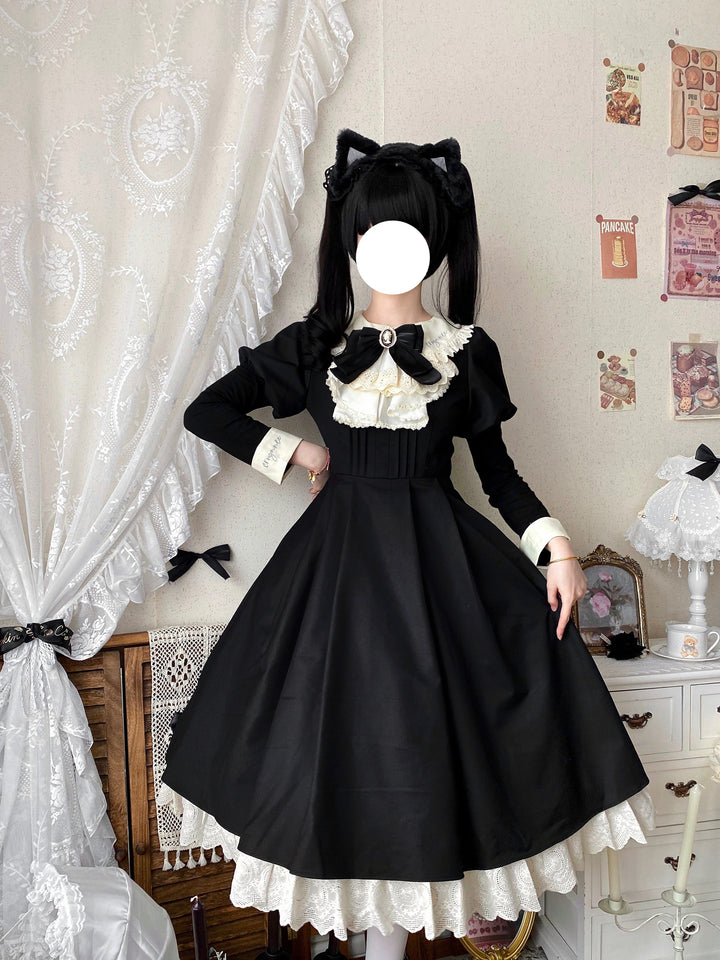 Qianmu~Classic Maid~Gothic Maid Lolita OP Suit with Apron and Jabot