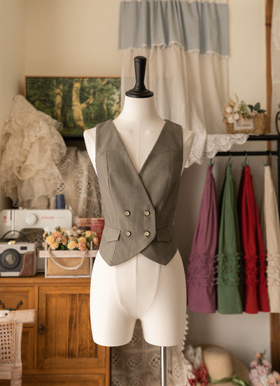 Forest Wardrobe~Forest Basket~Elegant Lolita Vest V Collar Retro Waistcoat S Gray 