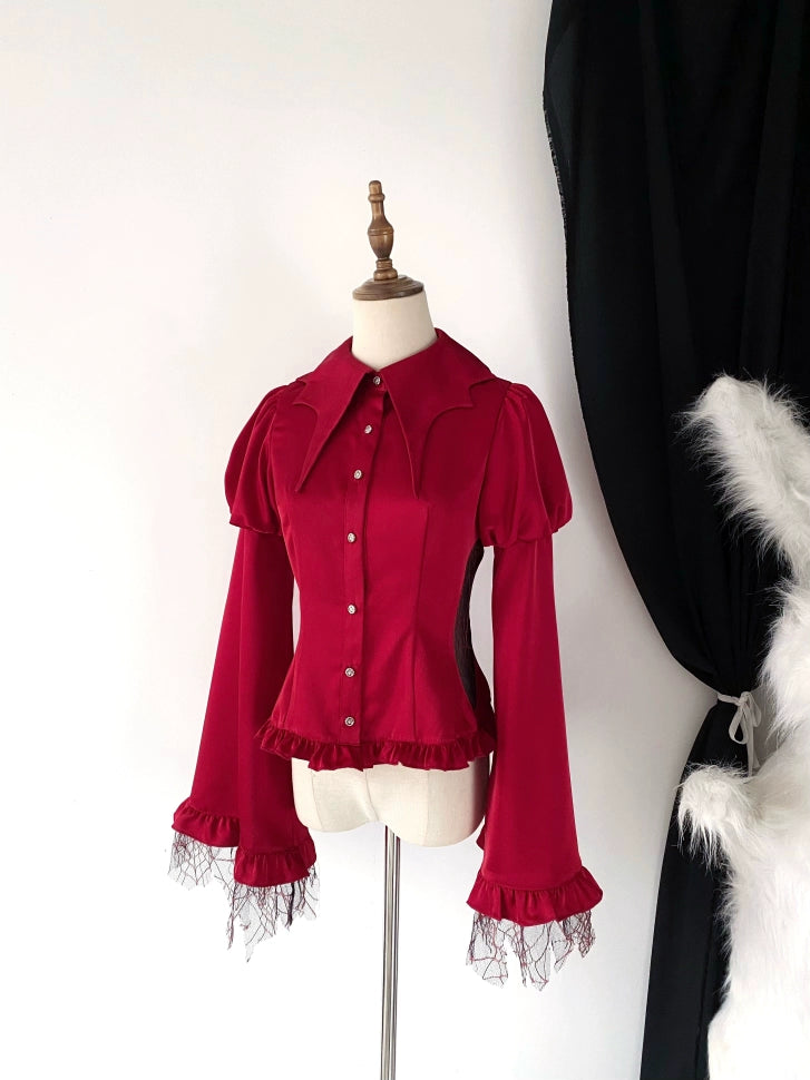 Flower messenger~Gothic Lolita Blouse Long Sleeve Jabot Hollow-out Spider Design S Red shirt 