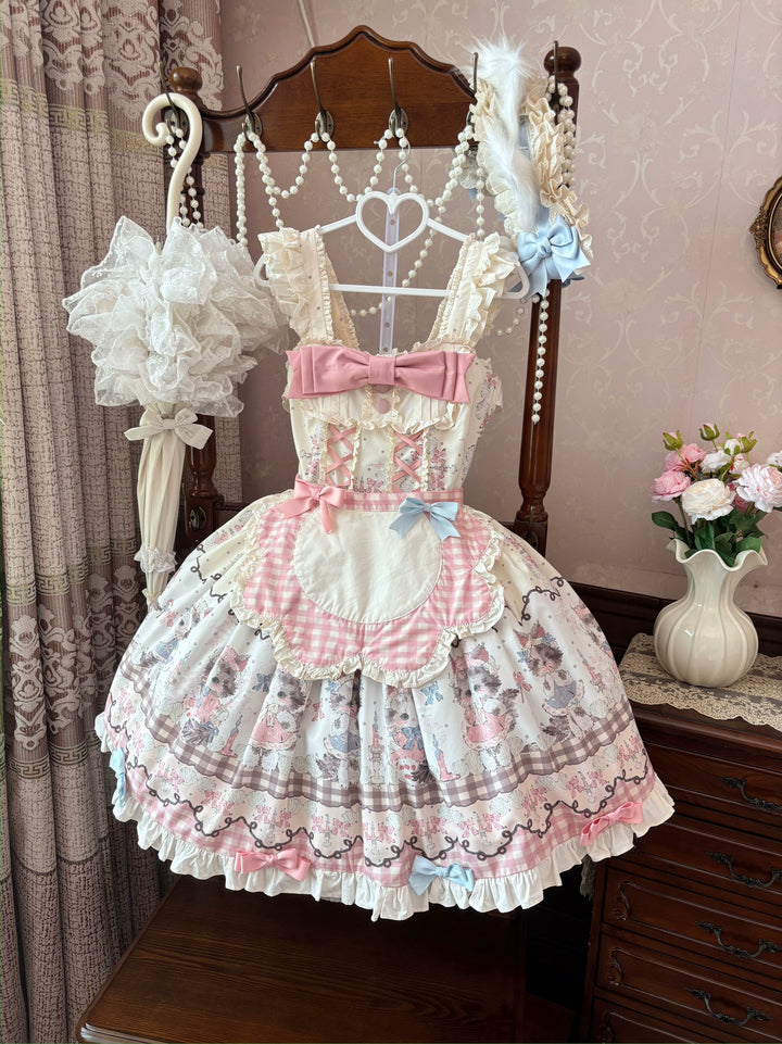 Shattered Lace Dream - Shattered Cat - Cat Printed Kawaii Lolita JSK Dress, Embroidered Sash Cream Yellow JSK+Apron+Waist Tie S