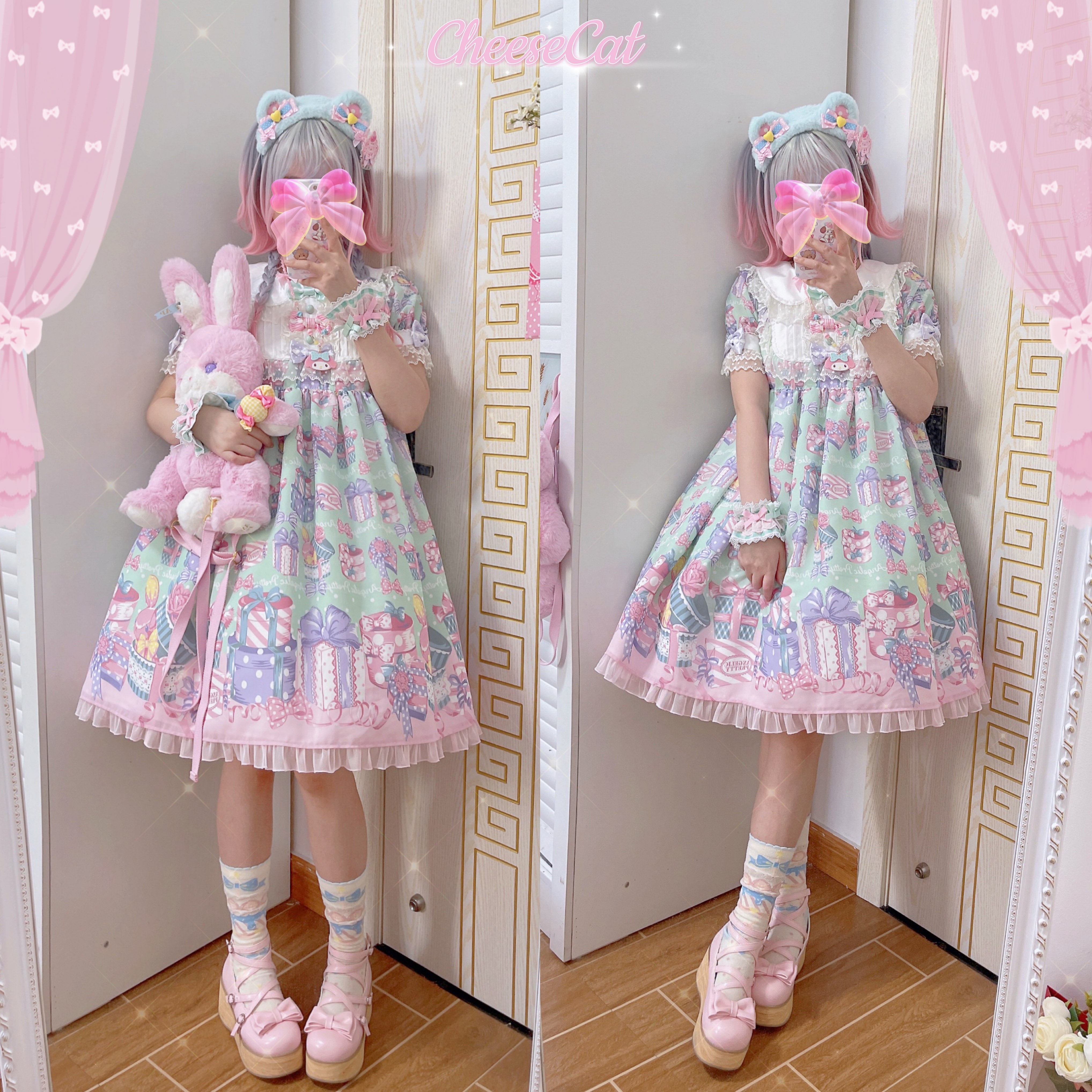 Cheese Cat - Sweet and Playful Strawberry Gingham Lace Cuffs