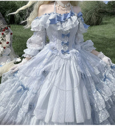 (BFM)Dream Gift Box~Moonlight Farewell Poem~Gorgeous Lolita Dress Flower Wedding Lolita OP S Blue dress + necklace 
