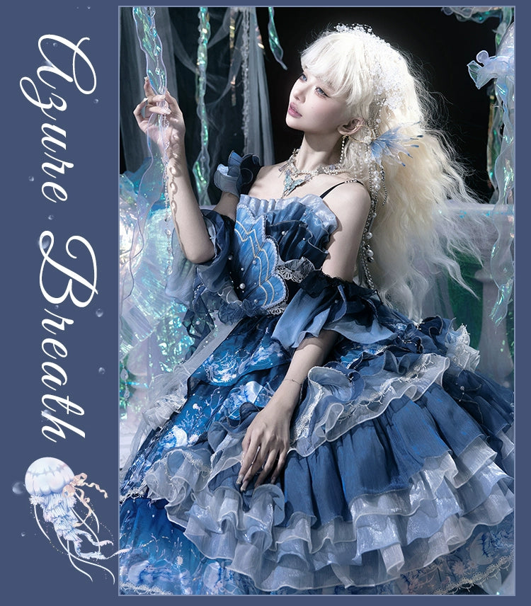 YingLuoFu - Blue Breath Jellyfish - Classic Lolita Jumper Dress, Side Zipper